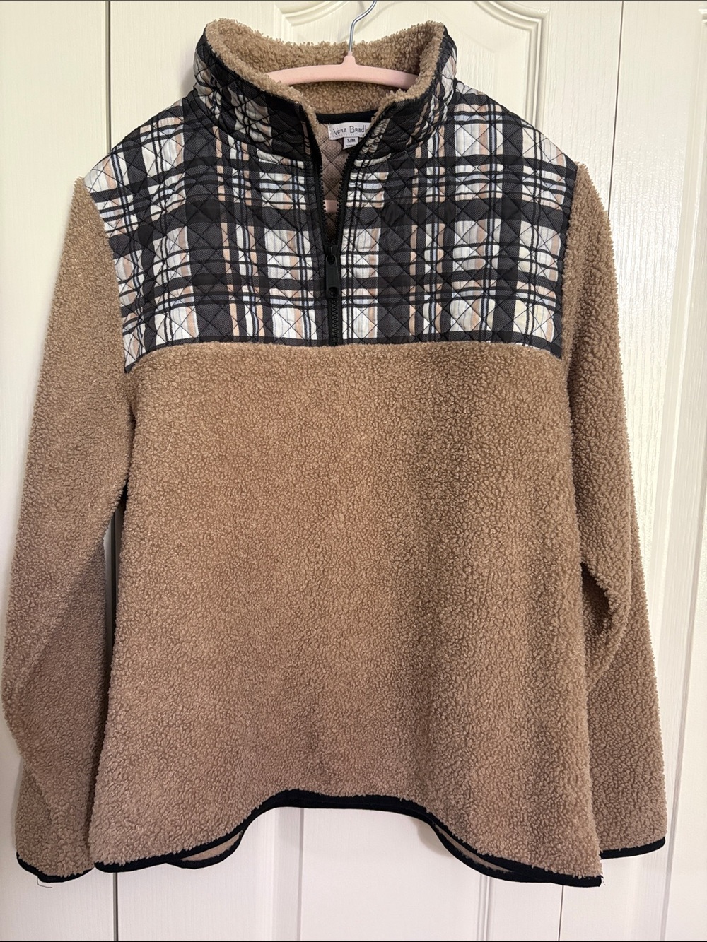 Women’s Vers Bradley Tan Sherpa Pullover with Plaid Yoke - S/M